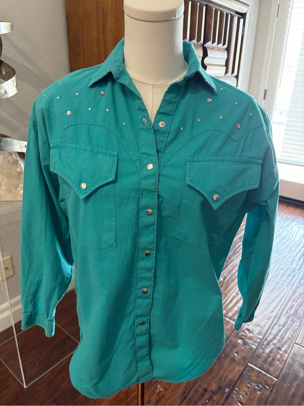 Vintage Panhandle Slim Turquoise Snap-Front Western Shirt with Rhinestones, GUC